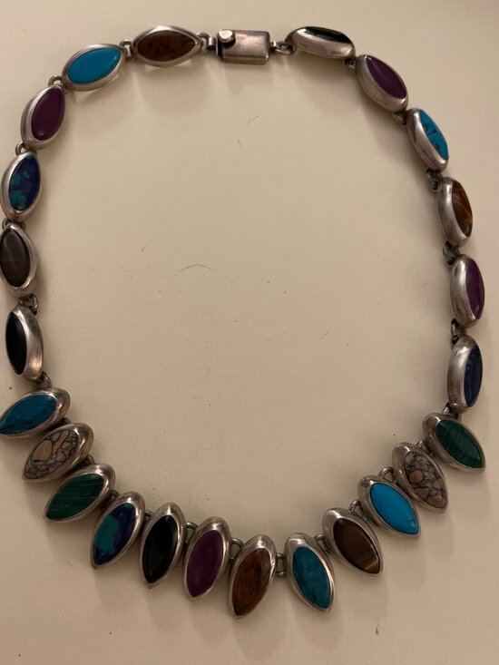 Taxco Jewelry - Vintage Taxco Sterling Silver Necklace 16-16.5" Multi Stone 78 grams 925 Mexico
